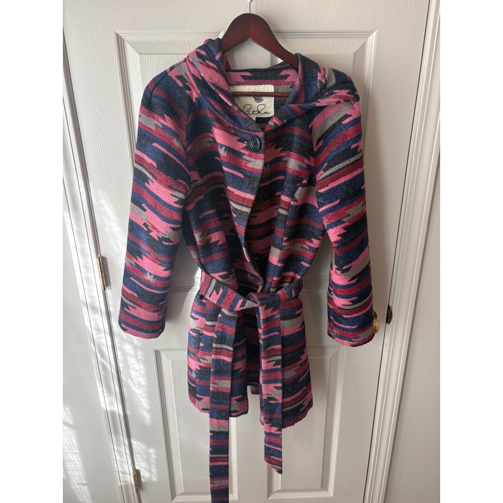 Tabitha Anthropologie Hooded Wrap Coat Women Large Pink Aztec Southwestern